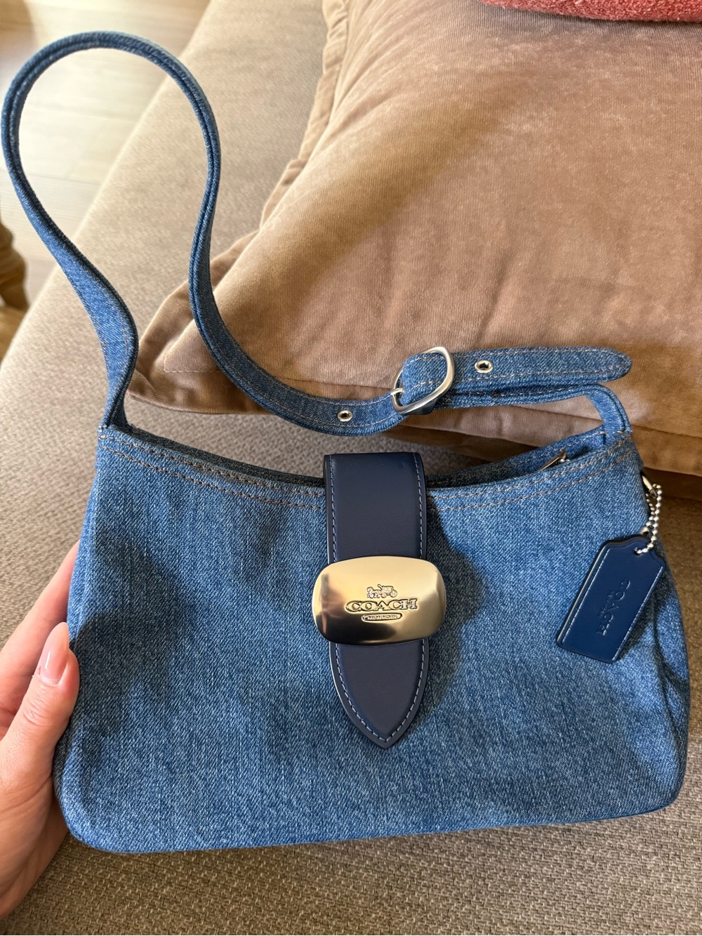 Coach Denim Shoulder Bag & Wallet with Navy Leather Trim and Silver Hardware - Picture 3 of 8